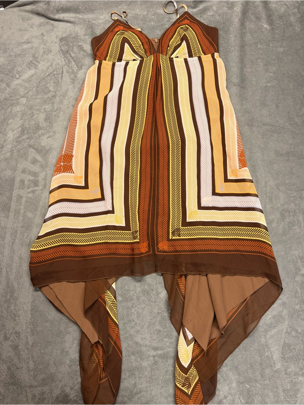 Max & Cleo 100% Silk Brown Y2K Asymmetrical Handkerchief Dress